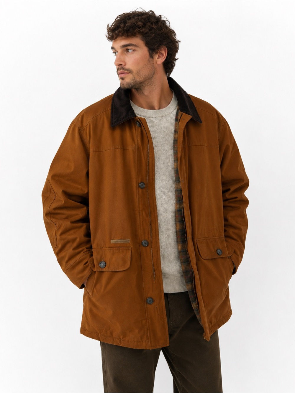 L.L.Bean Barn Coat Jacket Men’s Large Brown Plaid Lined Chore Coat Vintage Style